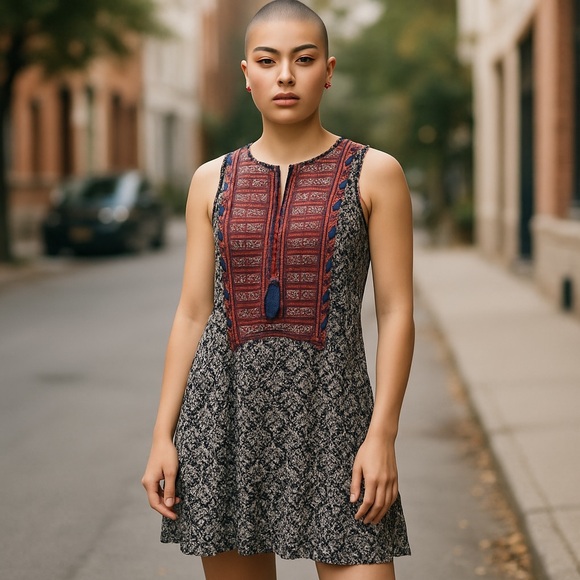 Anthropologie THMI Embroidered Boho Dress Tassel Tie Neck 2 Tiered Flouncy Skirt - Picture 2 of 15